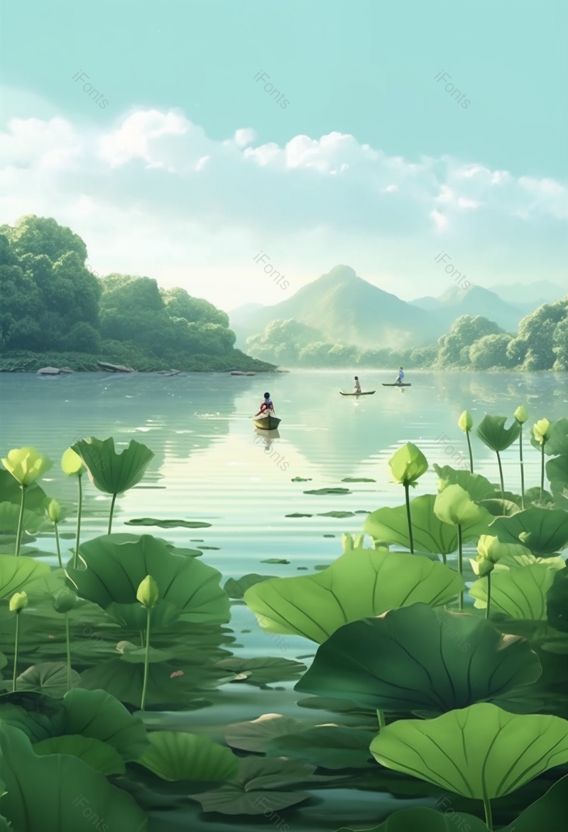 绿色山川湖泊小河小溪三只船船慢慢前行缓慢舒适插画,插画/手绘图,插画/手绘图库,插画/手绘图下载,插画/手绘